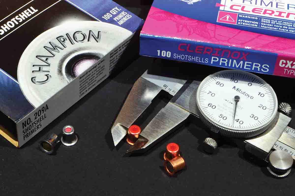 Both Cheddite and Fiocchi primers measure .243 to .244 inch. American primers, like the Federal Champion, are .240 inch. The extra diameter is a better fit for European primer pockets and it also affords a more snug fit after a few firings when the pocket might expand slightly.